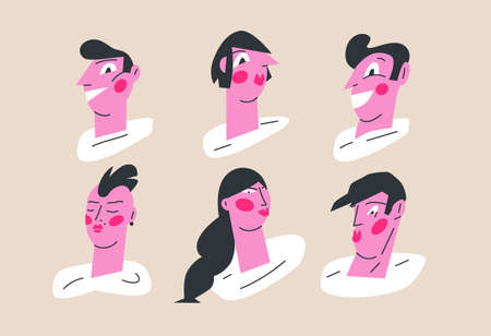 Faces of girls and guys vector illustration. Various haircutsのイラスト素材