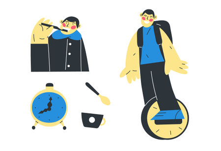 vector illustration of a young man with a backpack rides a monowheelのイラスト素材