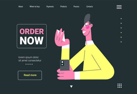 vector illustration young man holding a plastic card, order nowのイラスト素材