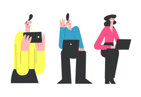 computer technology modern vector illustration, young people work at laptop