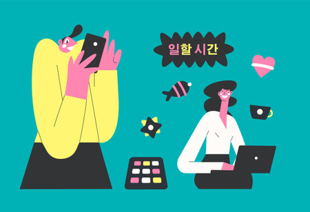 computer technology modern vector illustration, girl working at laptop