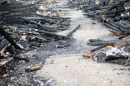remains of a wooden house after a fire