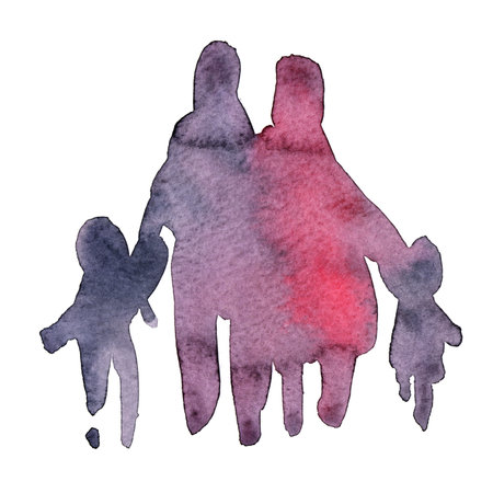 silhouette of a family drawn in watercolorの写真素材