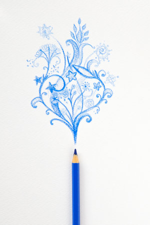 blue pencil draws patterns and smokeの写真素材