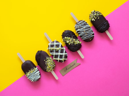Vegan chocolate cake pops ice creams on the pink-yellow background. A delicious dessert that melts...