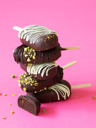 Vegan chocolate cake pops ice creams on the pink background. A delicious dessert that melts in your mouth. Close up.の写真素材