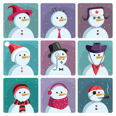 Set of nine snowmen dressed in different clothes. Vector illustration set of vector icons.のイラスト素材
