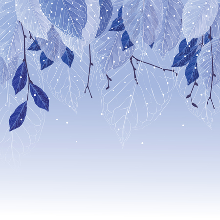 Leaves covered with frost, winter background. Frozen leaves, blue colors, the trees, snowing. Beautiful background for your design.のイラスト素材