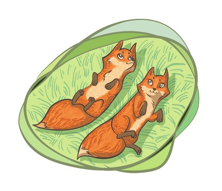 Two cute foxes lying on the grass のイラスト素材