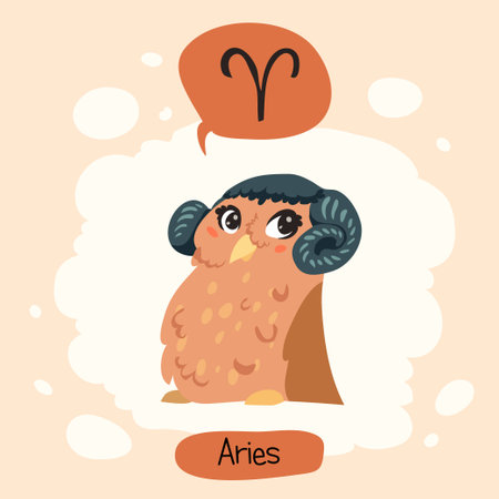 Colored cute owl horoscope: Aries, the Ramのイラスト素材