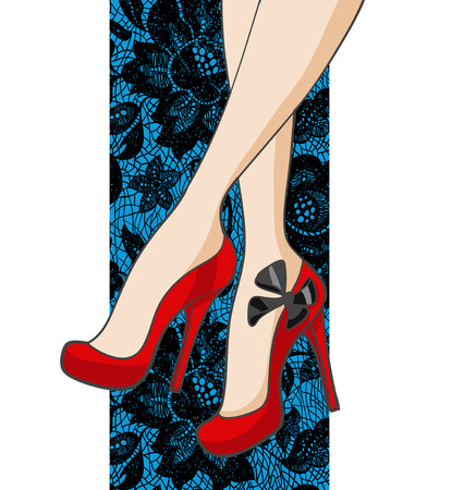 Beautiful Female Legs In Shoes On A Lace Background. Vector illustrationのイラスト素材