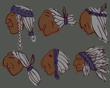 Set of 6 red Indian silhouette coloured  heads, hand-drawn のイラスト素材