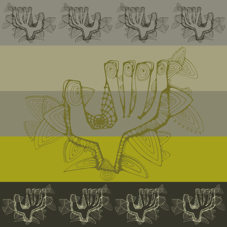 Pattern with greeting contoured hands with abstract elements on a striped のイラスト素材