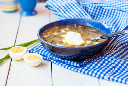 Green borscht with egg on a white wooden background. Soup of sorrel and spinach in a deep blue plate. Sorrel soup with sour cream and egg.の写真素材