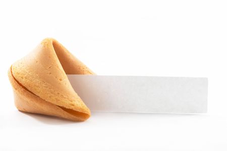 Chinese Fortune Cookie with blank paper, on white background, blank paper to put in own 'fortune' / textの写真素材