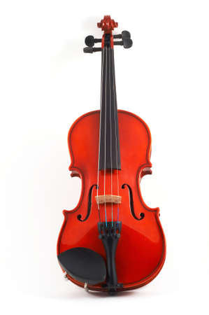 Violin front view on white background, top, angled view, portrait orientation, standing uprightの写真素材