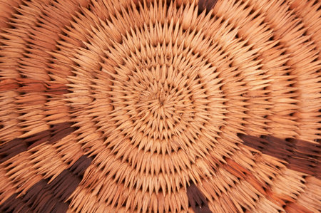 Circular woven pattern straw hat background, gives a sense of depth, symmetry, and randomness....