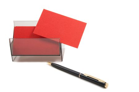 Red business card with empty space for text. Isolated on white backgroundの写真素材