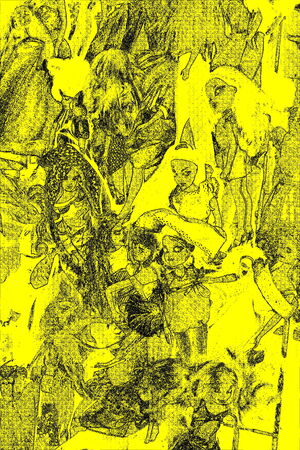 Doll s on yellow drawingの写真素材