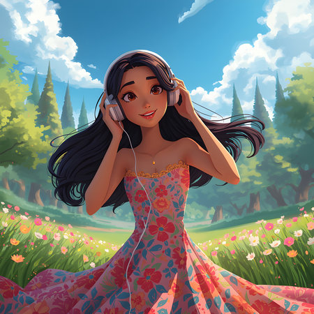 Beautiful girl listening to music in the park. Vector illustration.の素材