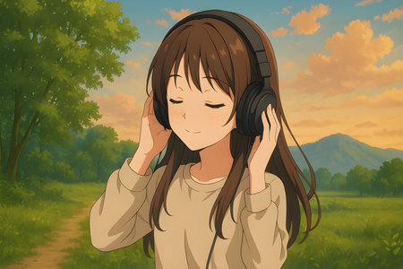 Young woman listening to music with headphones in the forest.の素材
