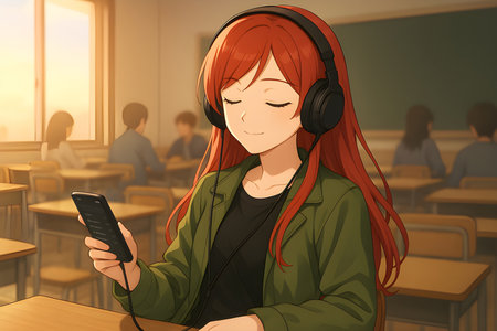 Young redhead girl listening to music with headphones in the class.の素材
