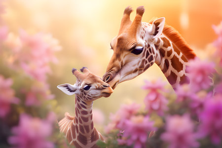 Two giraffes playing with each other in the flower garden.GenerativeAI.の素材