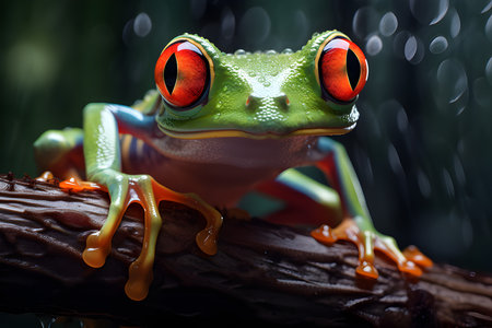 Red eyed tree frog on a branch with rain drops in the background.GenerativeAI.の素材