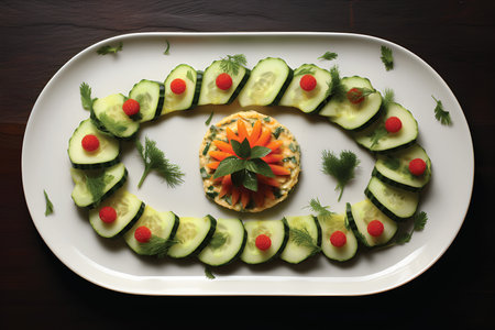 Cucumber salad with red cherry on a white plate, top view.GenerativeAI.の素材