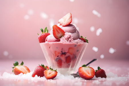 Strawberry ice cream with fresh strawberries in a glass on pink background.GenerativeAI.の素材