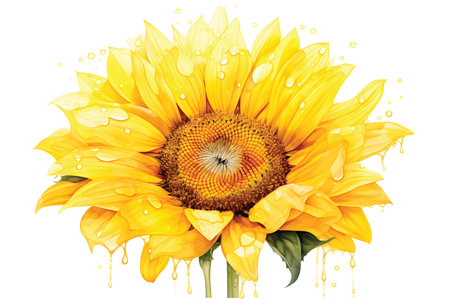 Sunflower with water drops isolated on white background. Watercolor illustration.GenerativeAI.の素材