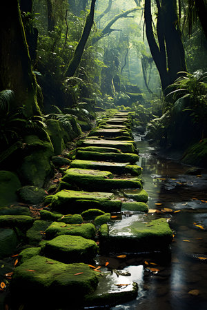Stone walkway in the rainforest, Bali island, Indonesia.GenerativeAI.の素材