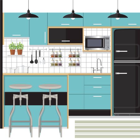 flat kitchen interior with bar counterのイラスト素材