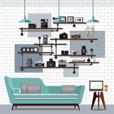 Living room furniture design concept set with modern home interior elements isolated illustrationのイラスト素材