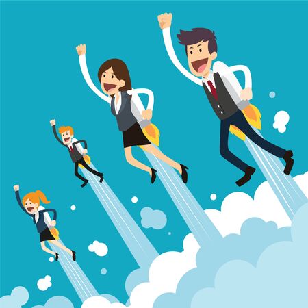 Startup Business. Businessman on a rocket. Flat design business concept illustration.のイラスト素材