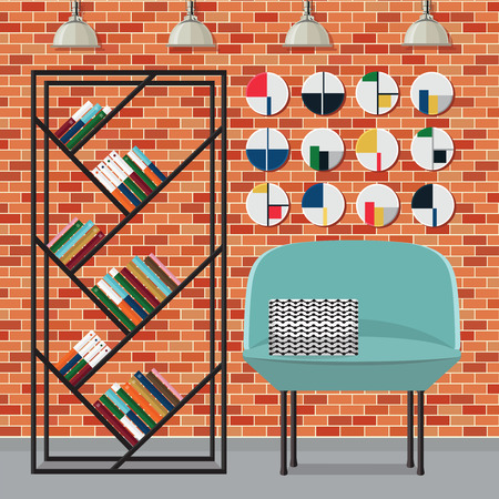 Interior living room with sofa, shelf with books and a Flat style vector illustration.のイラスト素材