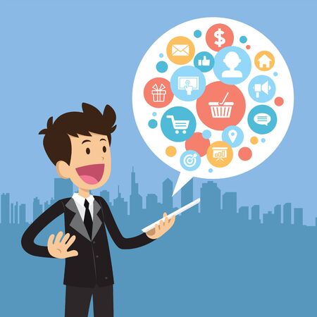 Businessman with tablet. Vector flat cartoon illustrationのイラスト素材