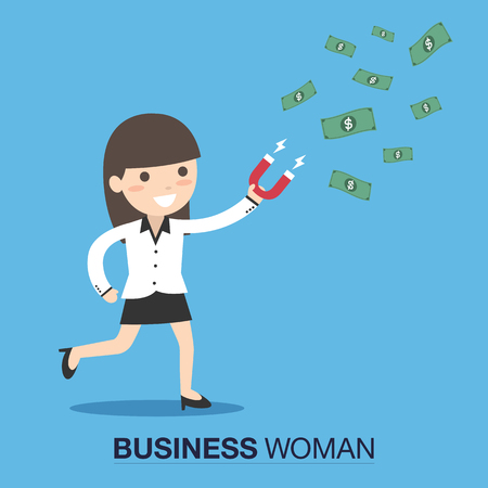 Business concept, Business woman attracting money with a large magnet. Vector illustration.のイラスト素材