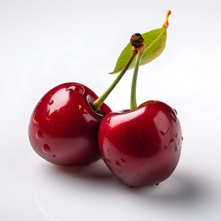 Sweet cherries on a white reflective background. Close-up.generative AIの素材