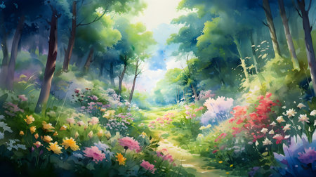 Spring landscape with blooming flowers in the forest. Digital painting, generative AIの素材