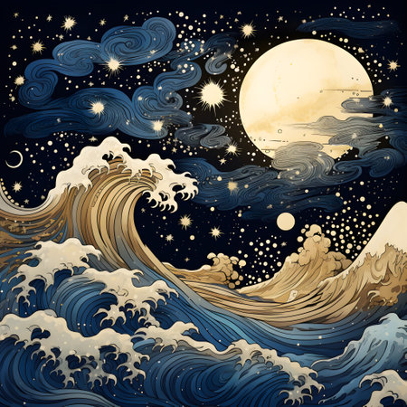 Vector illustration of sea waves at night with full moon and stars, generative AIの素材