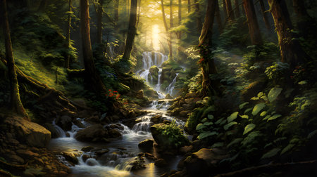 Waterfall in deep forest with sunbeams and lens flare, generative AIの素材