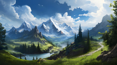 Fantasy landscape with mountains and lake. Digital painting. 3d illustration, generative AIの素材