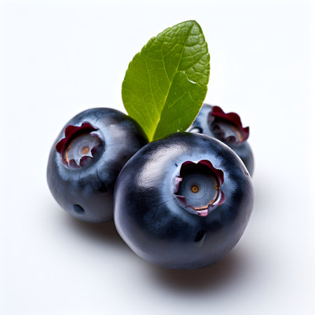 Blueberries with leaves isolated on white background. Studio macro shot, generative AIの素材