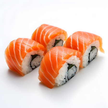 Sushi roll with salmon, avocado, cream cheese, cucumber and nori on white background, generative AIの素材