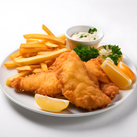Fish and chips with lemon and tartar sauce on a white background, generative AIの素材