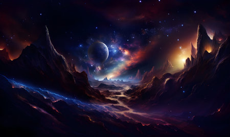 Fantasy space scene with planets, stars and nebula. 3D rendering , generative AIの素材