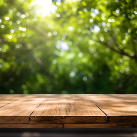 Wooden table top on blur green bokeh background, , generative AIの素材