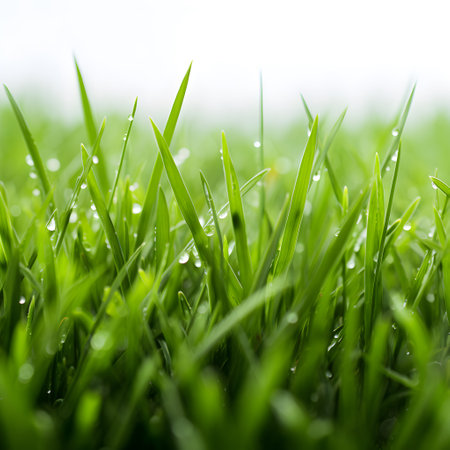 Fresh green grass with dew drops close up. Natural background. generative AIの素材