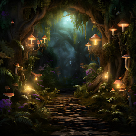 Fantasy forest with a path leading to the door. 3D rendering, generative AIの素材